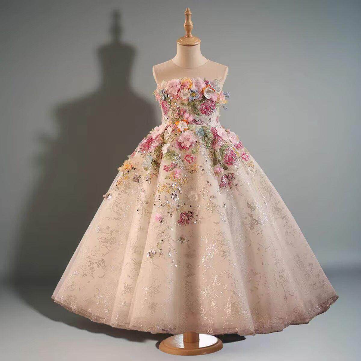 儿童礼服高端法式森系花朵小主持人走秀钢琴演出服生日女童公主裙