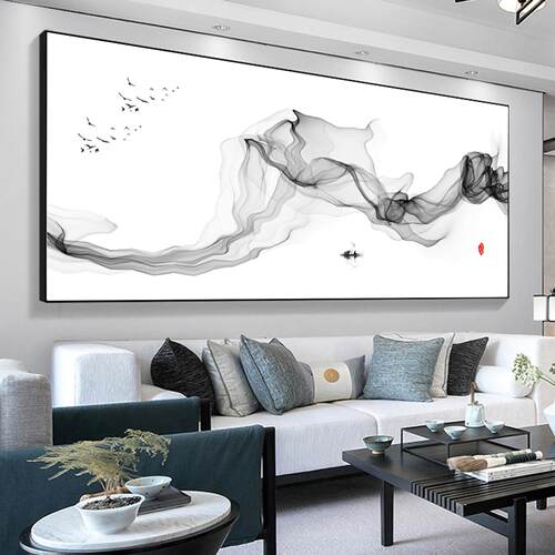 新中式客厅装饰画简约线条沙发背景墙挂画茶室书房黑白抽象山水画