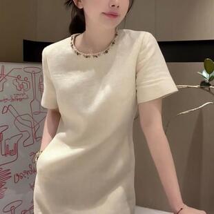 欧洲站气质钉珠亚麻连衣裙女减龄2026年新款夏季收腰显瘦短袖裙子