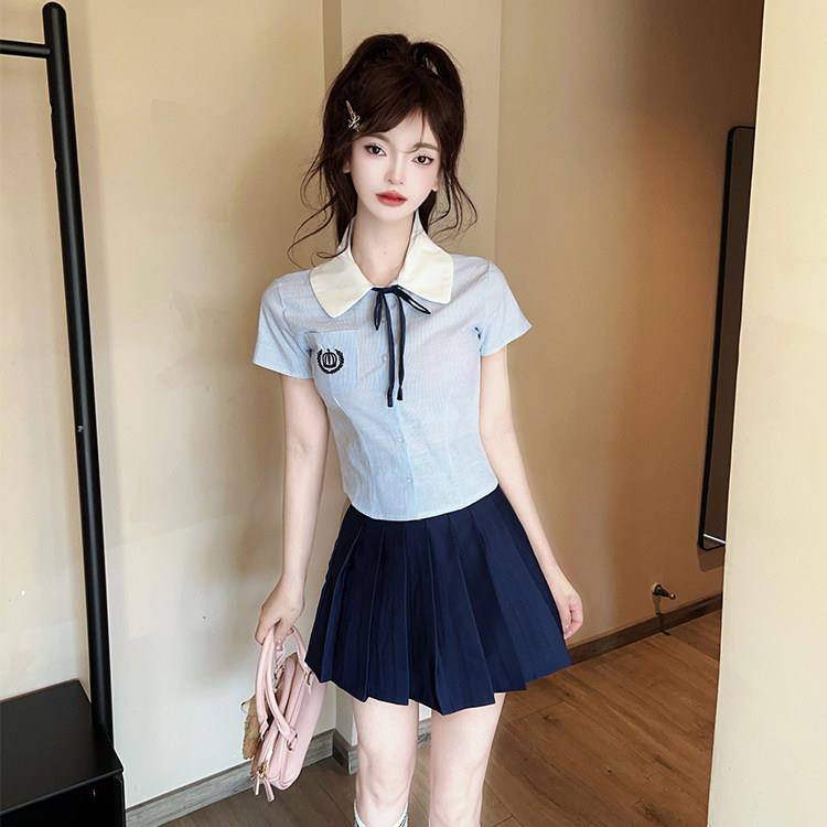 学院风制服套装女短袖蓝条纹衬衫百褶裙美容院足道技师工服