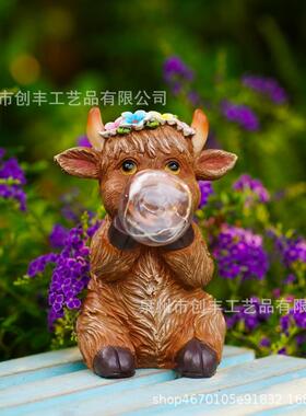 太阳能牛牛吹泡泡灯户外庭院仿真动物树脂工艺品摆件装饰夜灯