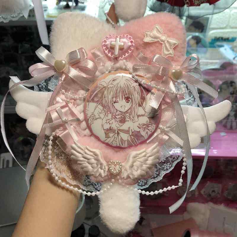 蕾丝毛绒耳朵粉色吧唧托配58-75mm徽章痛包diy材料成品手作谷美