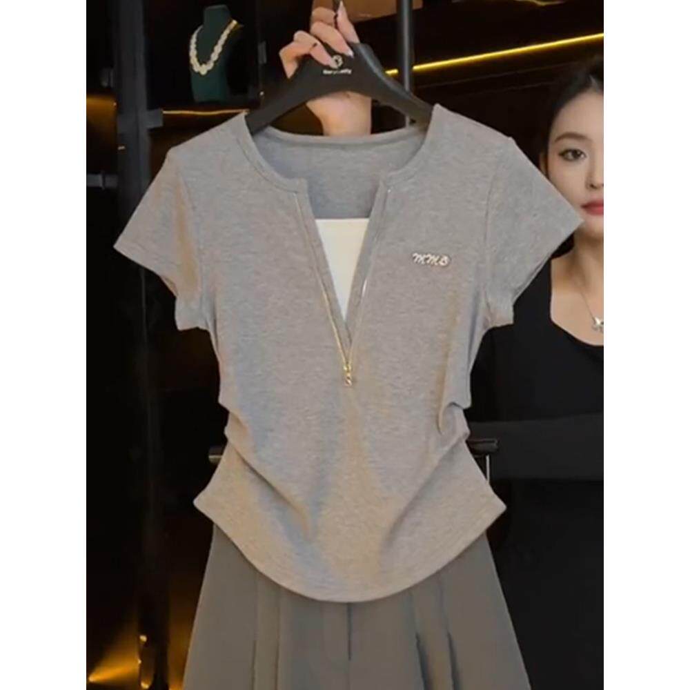 韩国拉炼假两件烫钻短袖T恤女夏日新品设计感捏褶收腰V领别致上衣