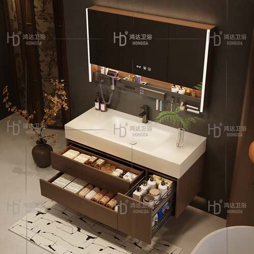 2026中古风胡桃木岩板热弯一体盆拉篮浴室柜组合卫生间洗手脸漱台