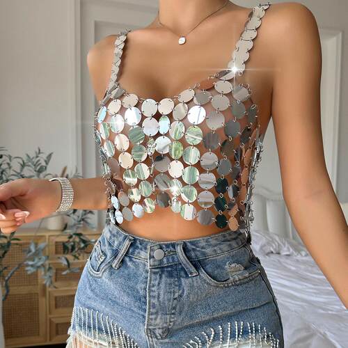 Sequin Top 2026欧美银色亮片露背性感珠片闪亮女装背心上衣