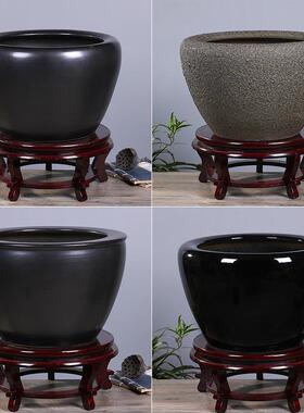 高档景德镇陶瓷缸养鱼鱼茶盆大黑色釉睡莲荷花缸复古客厅号室内外