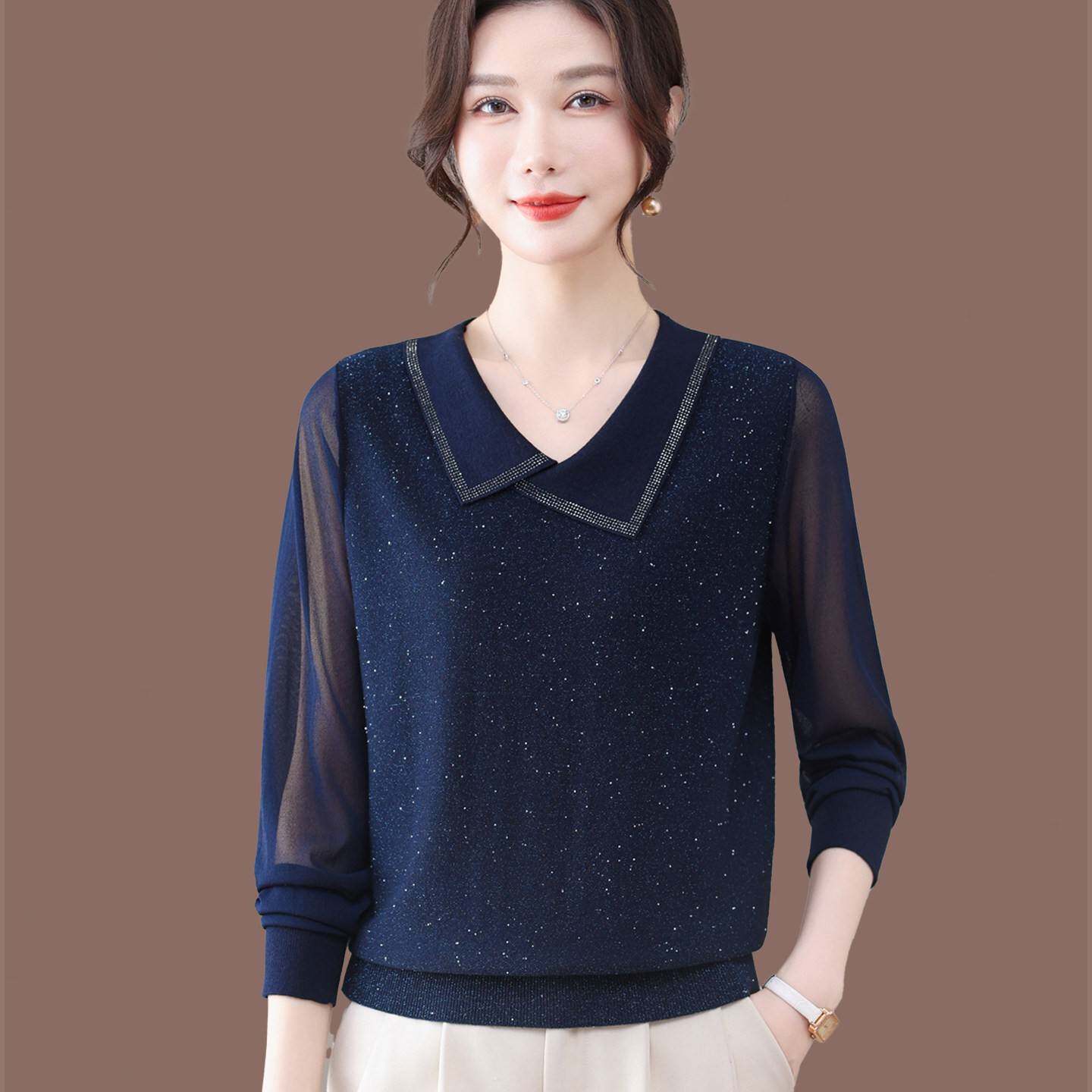 2026春装新款真丝桑蚕丝长袖T恤女通勤风V领亮片针织衫藏青色上衣