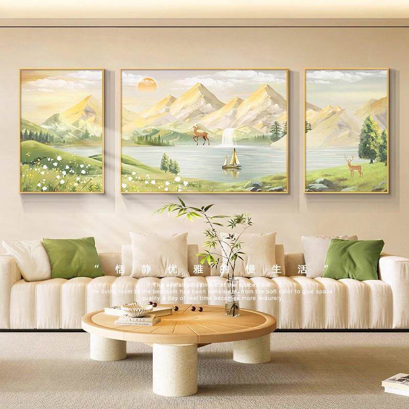日照金山客厅装饰画奶油风沙发背景墙挂画山水风景三联画高档壁画