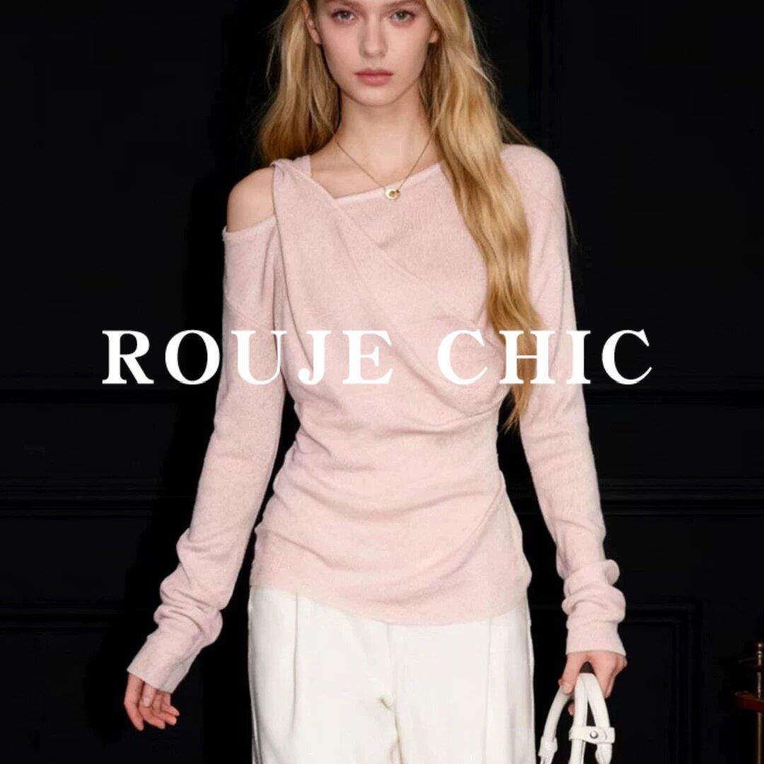 法国rouje chic法式不规则粉色斜肩针织衫女春季纯欲收腰修身上衣