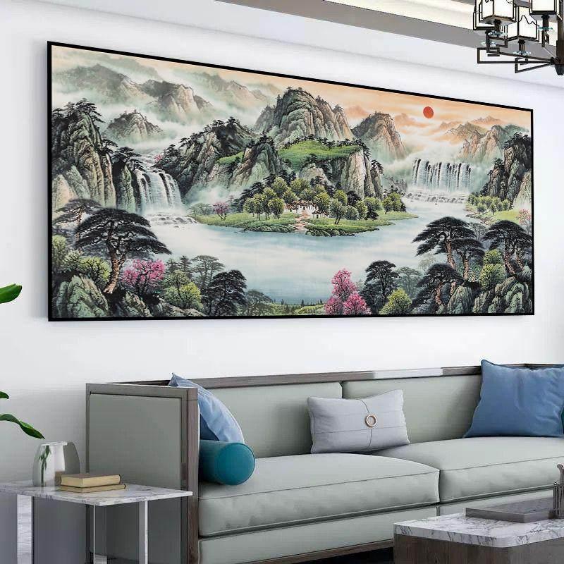 旭日东升聚宝盆办公室字画中式山水客厅国画沙发壁纸墙贴壁画