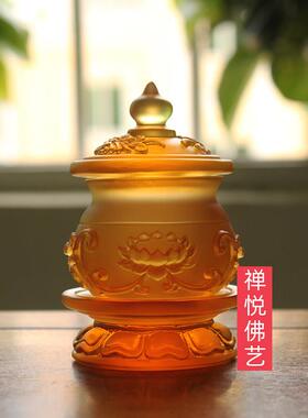 禅悦佛艺手工古法琉璃浮雕莲花圣水杯佛供用品水贡杯摆件佛前供具