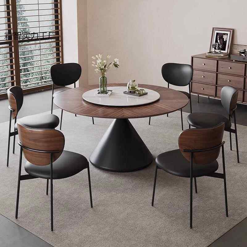 法式复古木餐小桌餐家用古风户型复古风胡桃MLF木圆形圆桌桌椅实