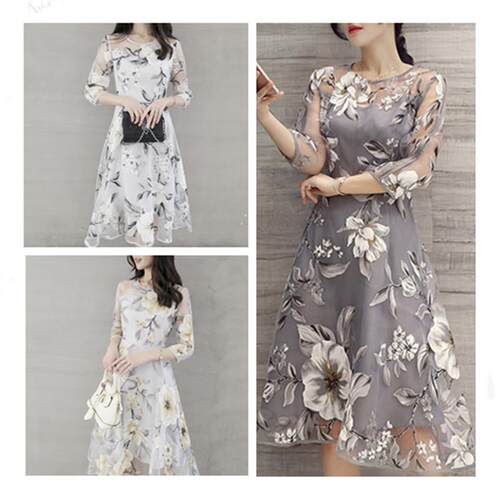 Seven quarter sleeve round neck mid length women's dress