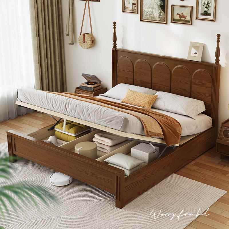 主卧家用1米5的床胡桃木色箱体气压高箱储物床单人床美式纯实木床