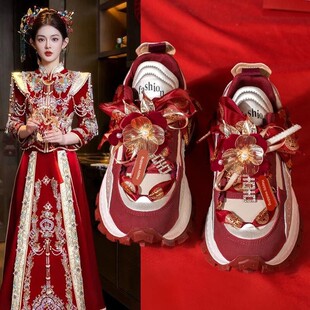 英国真皮红色厚底婚鞋女2025新款秋冬新娘结婚鞋子增高加绒老爹鞋