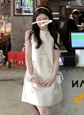 FFmiss◆设计感钉珠立体花朵宽松腰连衣裙法式缎面镶钻无袖娃娃裙