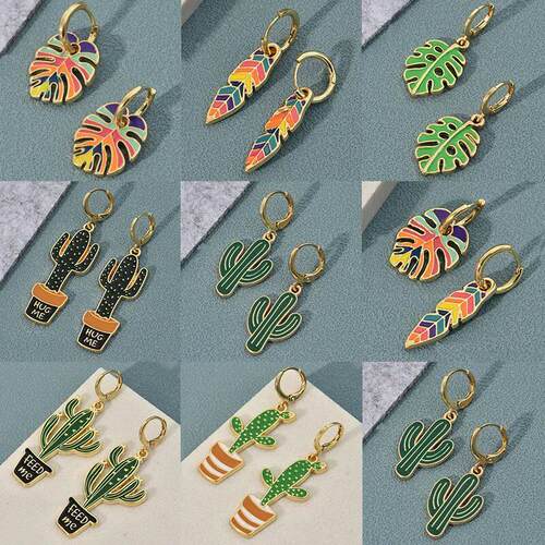 Cute Colorful Enamel Leaf Cactus Plant Shape Gold Color Hoop