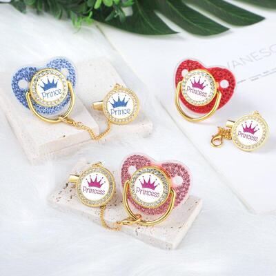 Luxury Crown Pacifier Clip Chain Set Baby Shower Gift Silico