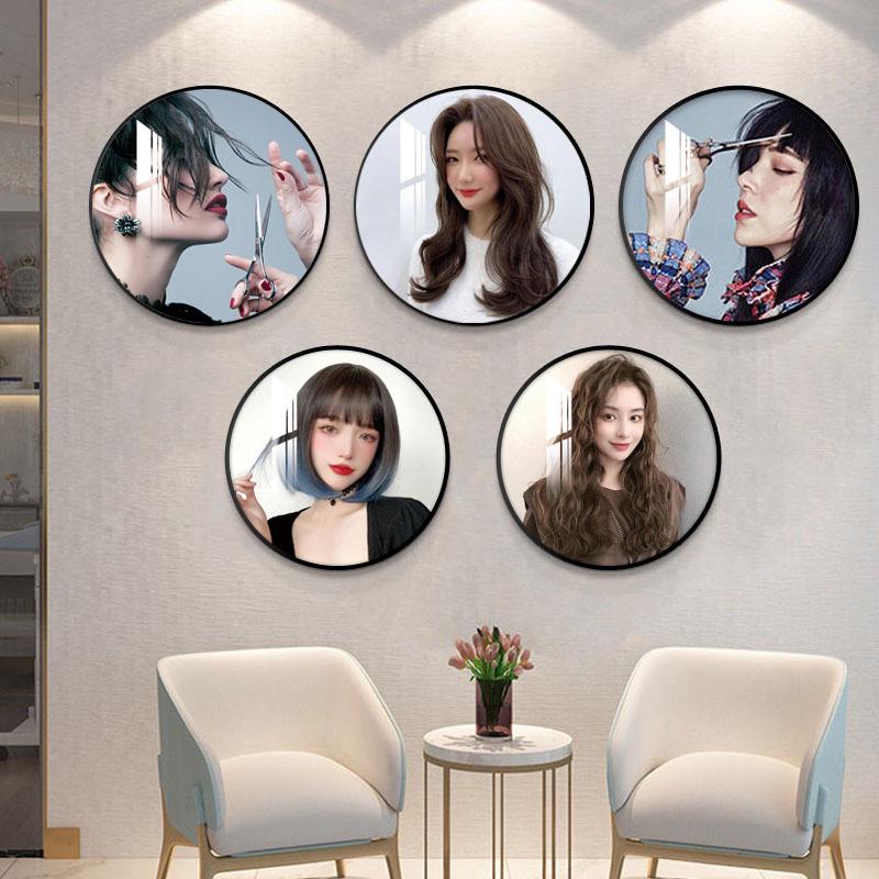 理发店墙面装饰画发廊美发店挂画圆形2022新款美女发型图片墙壁画图片