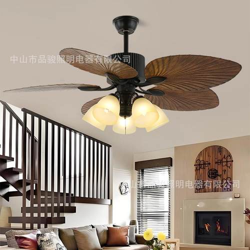 复古吸顶风扇灯客厅卧室餐厅吊扇灯中古风五叶家用电扇灯中山灯具