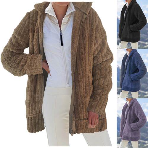 Warm plush zipper pocket hooded jacket for women