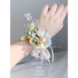 猎卡威手工清新浅绿玫瑰森系叶子手花胸花新娘伴娘姐妹团手腕花手