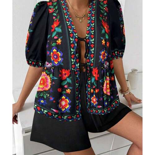 Women's Floral Print Tie Front Blouse Boho Floral Printed