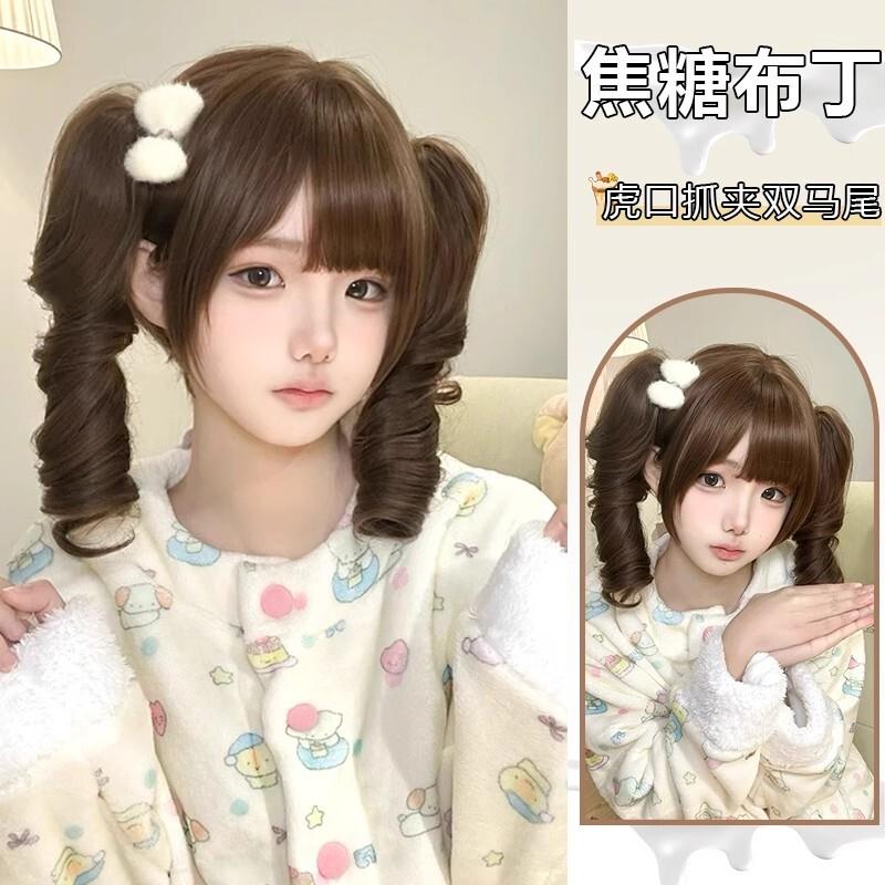 假发全头套女Lolita齐刘海罗马卷可拆卸式抓夹双马尾虎口夹假发套