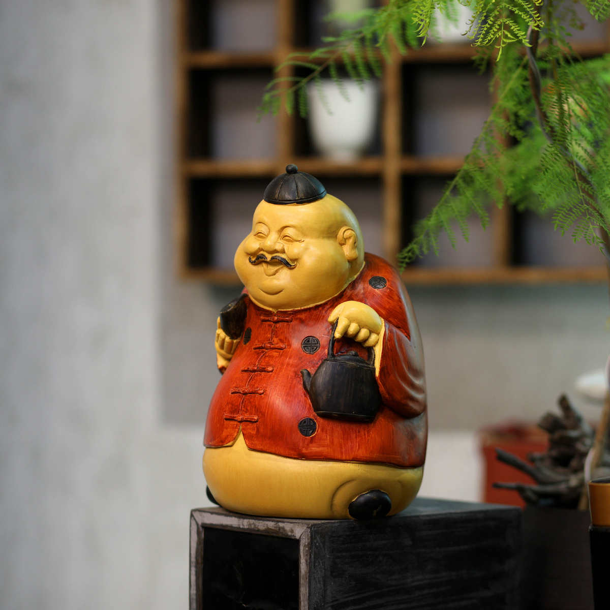 高端中式地主摆件客厅财神爷雕塑仿木雕茶几博古架装饰品桌面摆设