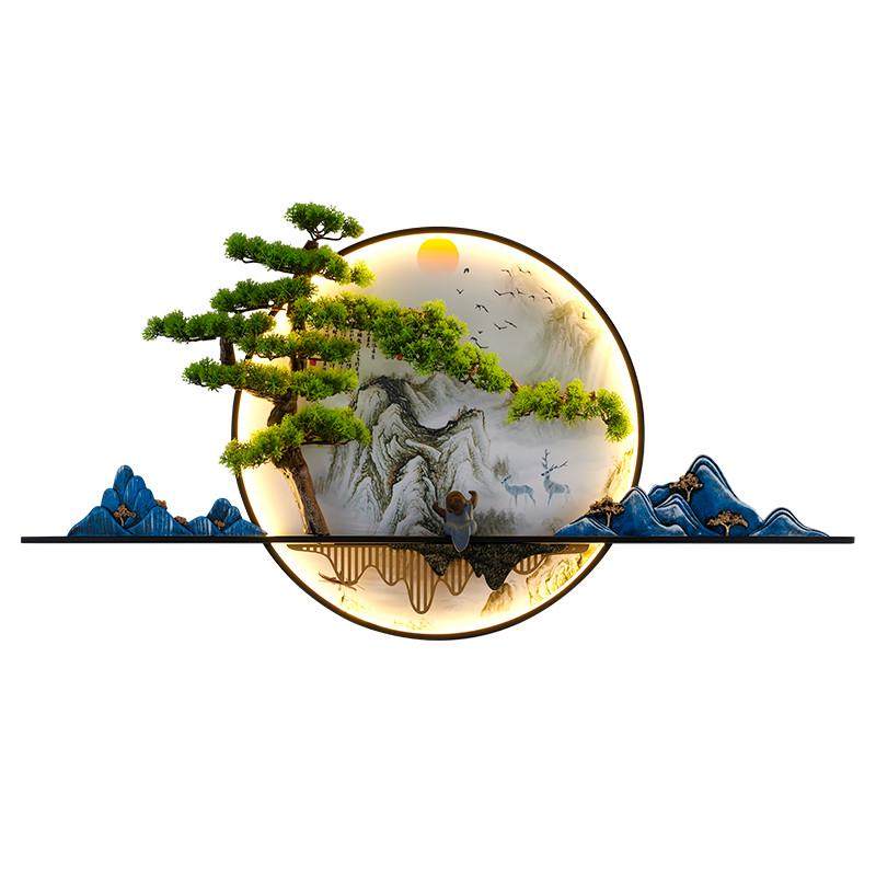 2025新款新中式禅意壁画灯入门墙灯画背景灯迎客松茶室装饰画壁灯