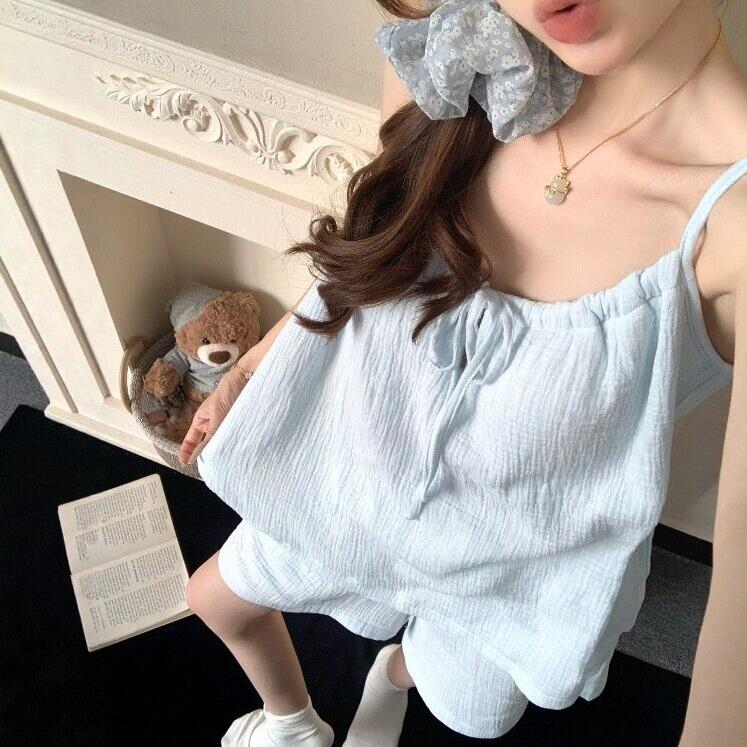简约ins蓝色夏日吊带胸垫婴儿棉纱睡衣女款夏2026新款家居服套装