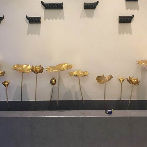 摆件花朵水景荷叶金色金属装饰莲叶莲花落地铁艺荷花摆饰庭院水池