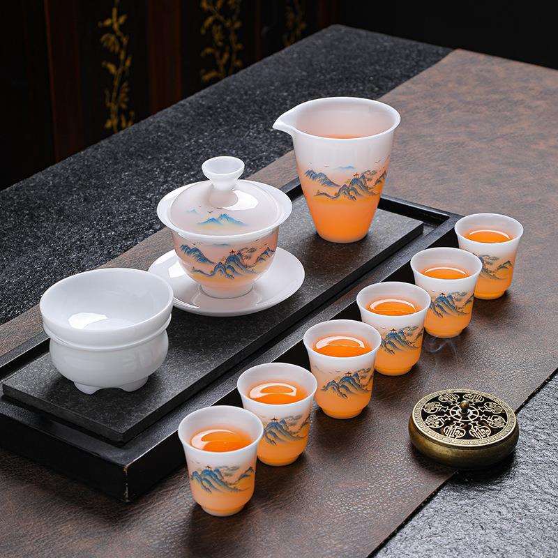 拓牌茶具套装冰种玉瓷中国白盖碗整套轻奢高档简约家用送礼茶器