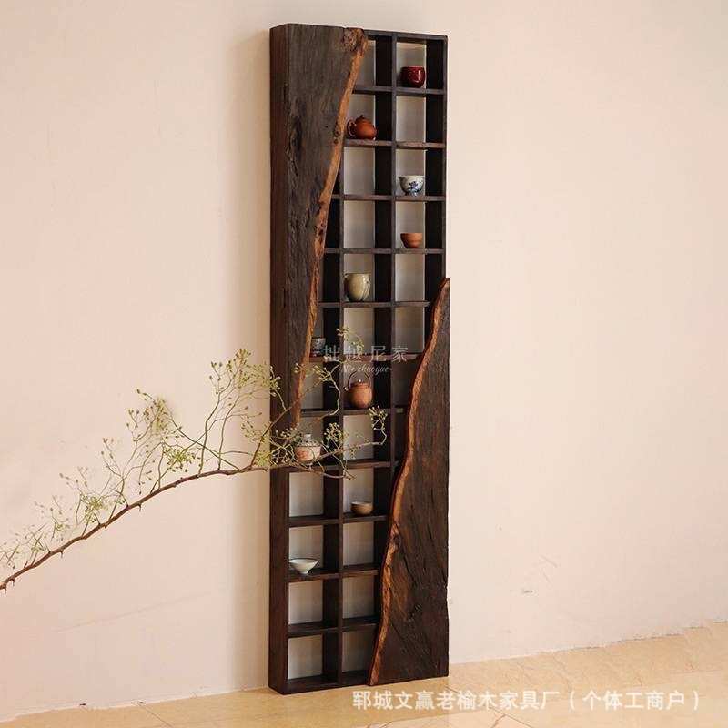 阁置实木式古董寂风架物多宝架收纳博古架壁挂茶杯储物侘架榆木