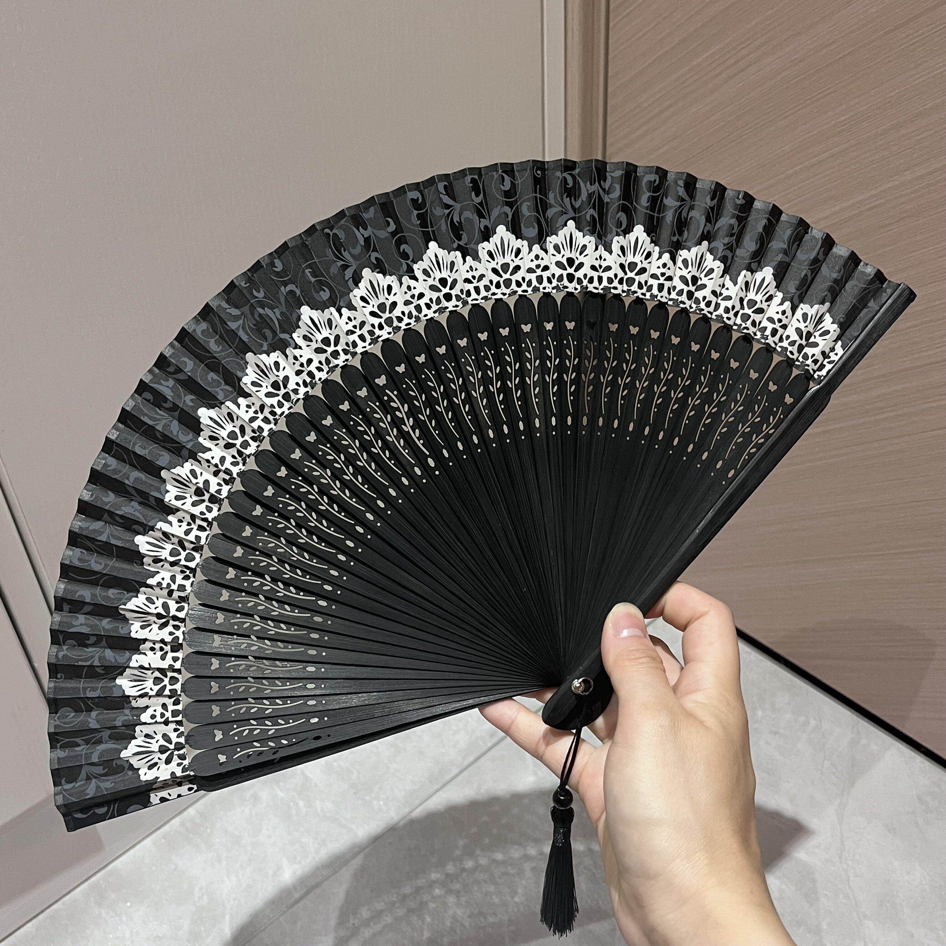 扇子折扇纸古风中国风蕾丝小巧黑色竹骨扇夏天女可携式折旗袍扇子