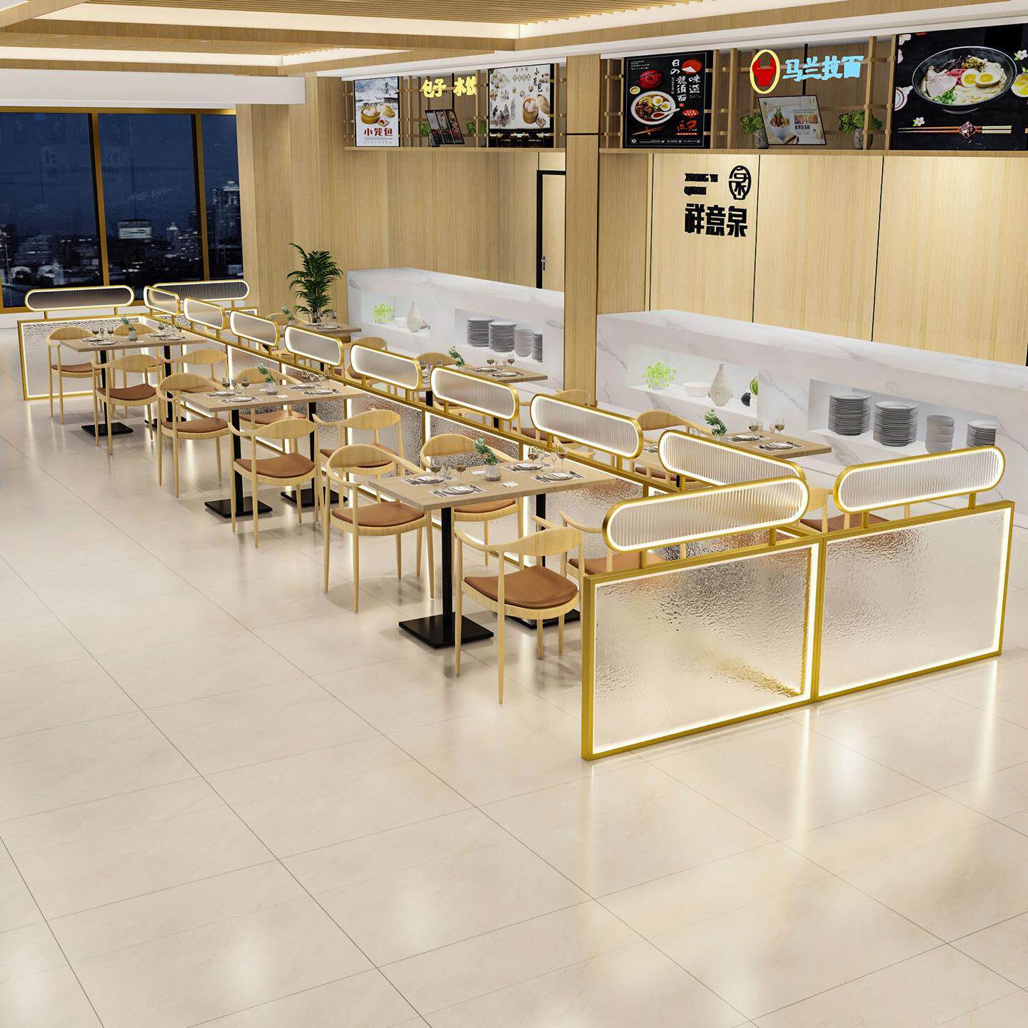 饭厅饭店卡座矮隔断围栏火锅烧烤店半墙玻璃屏风带灯过道隔断带灯