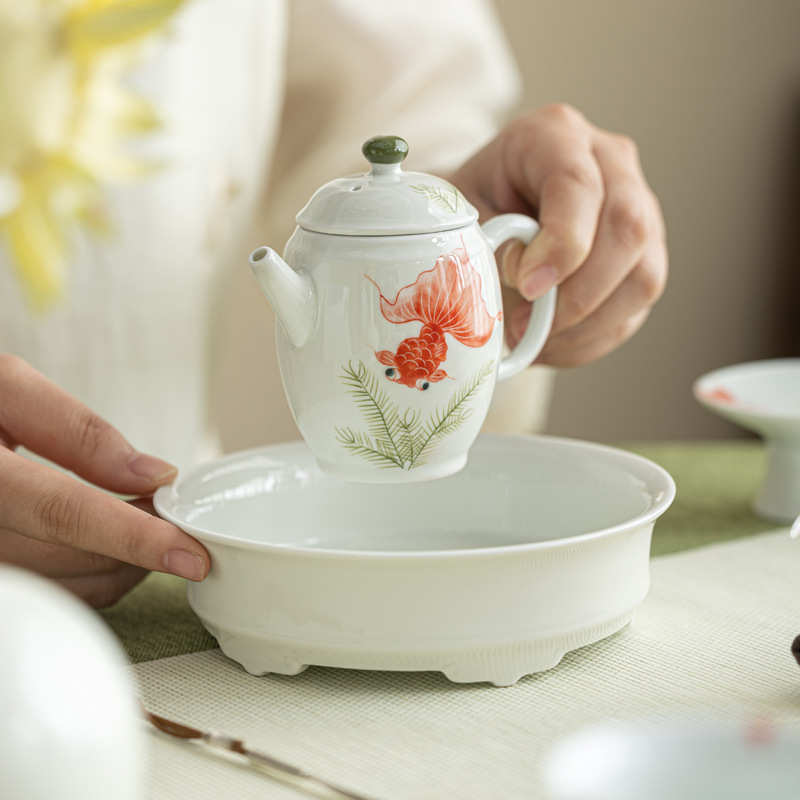 泥人述 甜白手绘鱼戏藻茶壶 釉下彩手作锦鲤金鱼梨形壶小直壶茶具