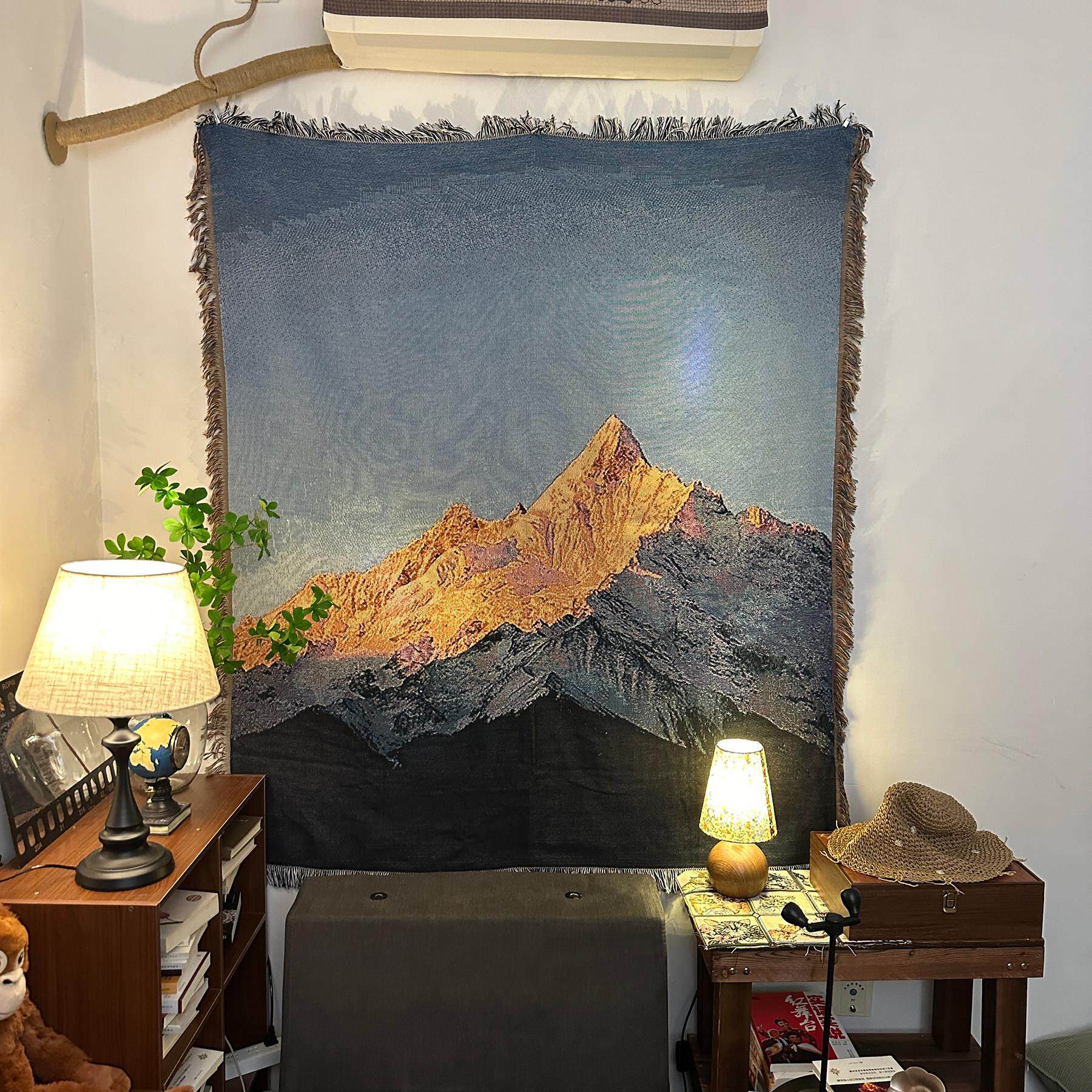 梅里雪山 自然风景装饰挂毯挂巾 单人沙发毯北欧编织民宿卧室客厅