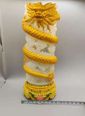 仿古夜光石镂空彩绘盘龙描金笔筒摆件古玩收藏家居装饰工艺品