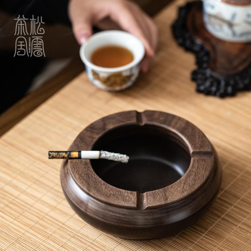 黑胡桃木电木烟灰缸实木大号茶室高端灭烟缸大气中式防烫防水烟缸