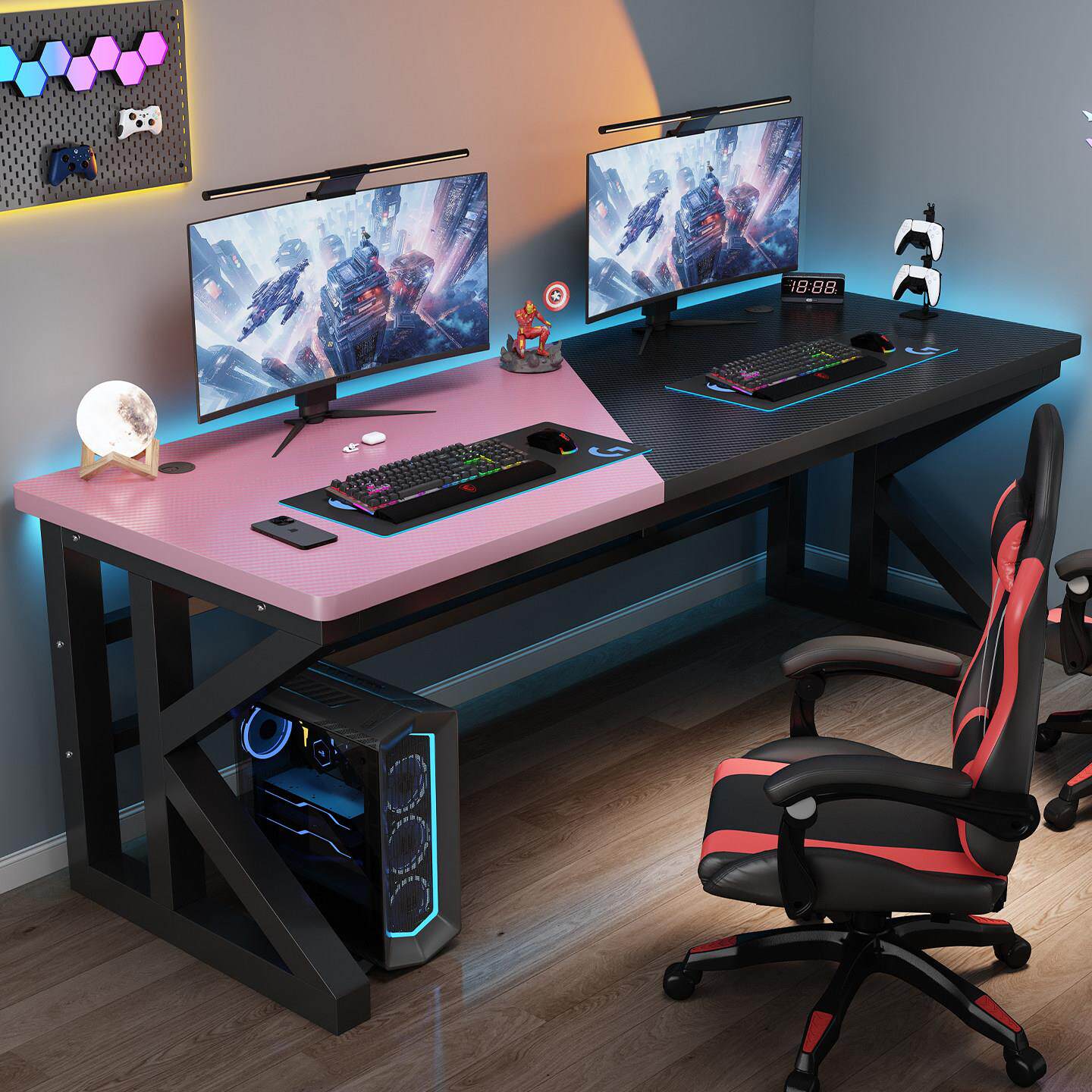 电脑桌台式书桌卧室简易办公桌游戏桌椅套装碳纤维纹双人电竞桌子盖布配件