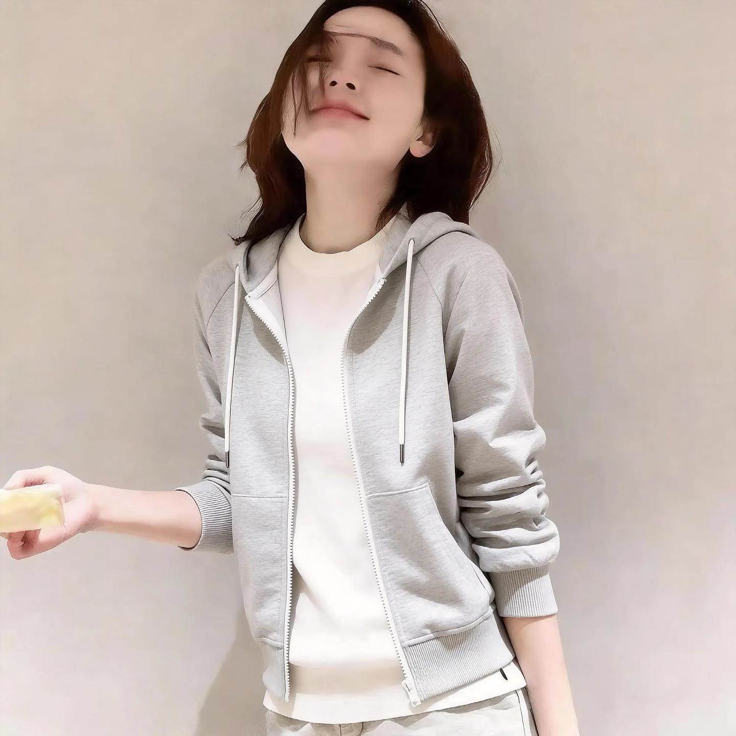 韩国白灰色连帽运动衫开衫女春秋新款上衣爆款休闲运动百搭宽松外