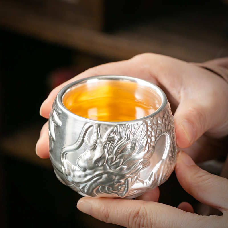 李斌纯手工银龙年生肖浮雕瓷鎏真银主人茶杯礼品品茗杯银茶盏茶具
