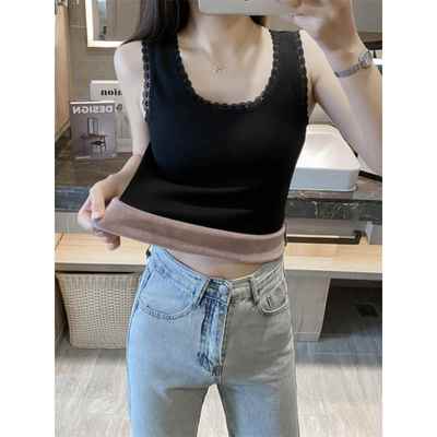 秋冬蕾丝花边加绒加厚保暖一体绒修身色吊带背心女打底衫1203z