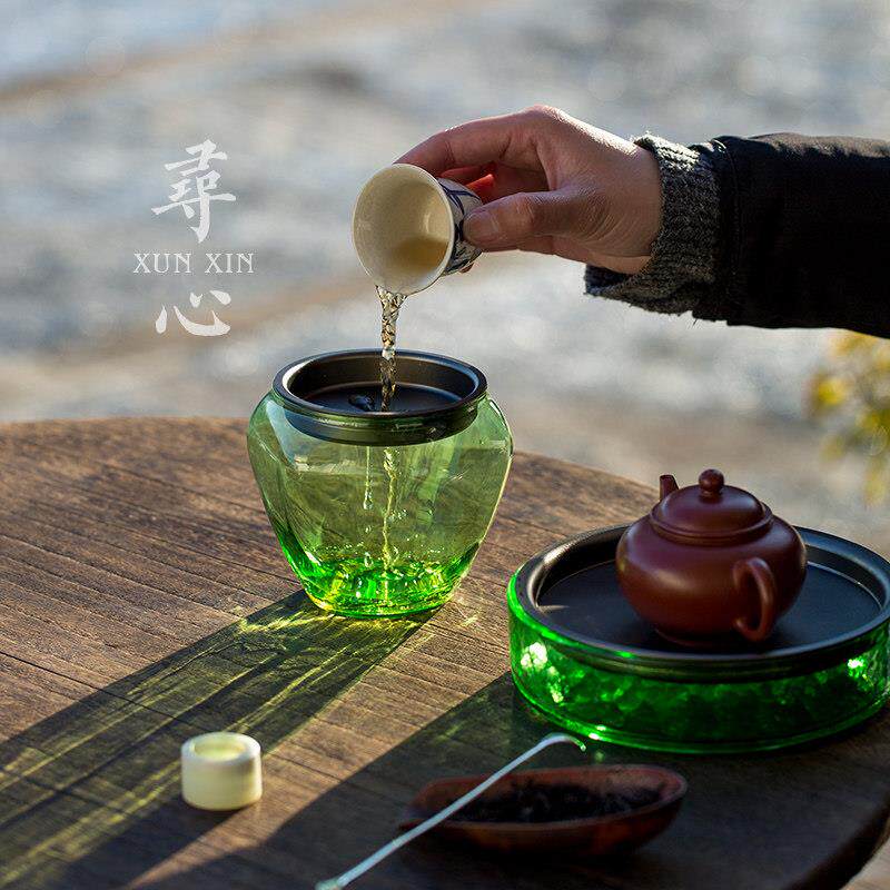 彩色玻璃小建水茶渣缸家用茶洗带盖子过滤茶渣桶水孟水洗茶具零配