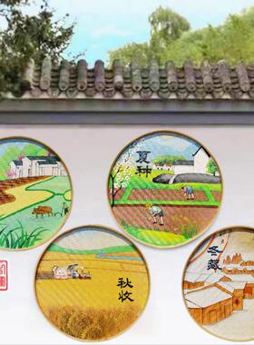 手绘簸箕画复古怀旧美丽乡村文化墙素材农家乐装饰品竹编田园壁画