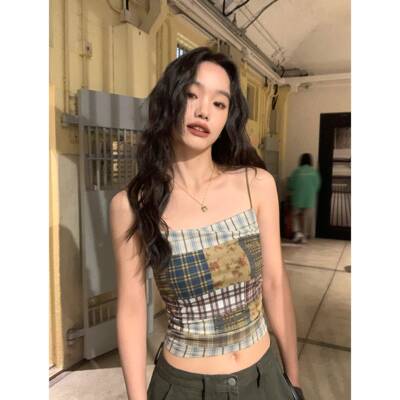 pusumede复古辣妹挚爱!拼色格纹吊带背心女小众网纱印花短款上衣