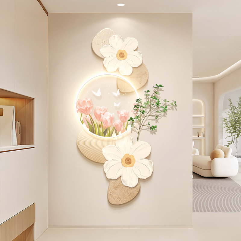 奶油风玄关装饰画北欧花卉走廊尽头挂画高级感过道入户门发光壁画图片