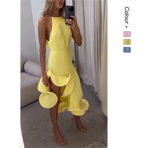 Lotus leaf edge sexy sleeveless lace up slim fit dress