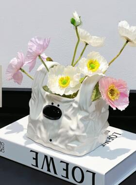 可爱小狗手提袋花瓶家用桌面装饰摆饰玄关鲜花彷真花插花陶瓷花器